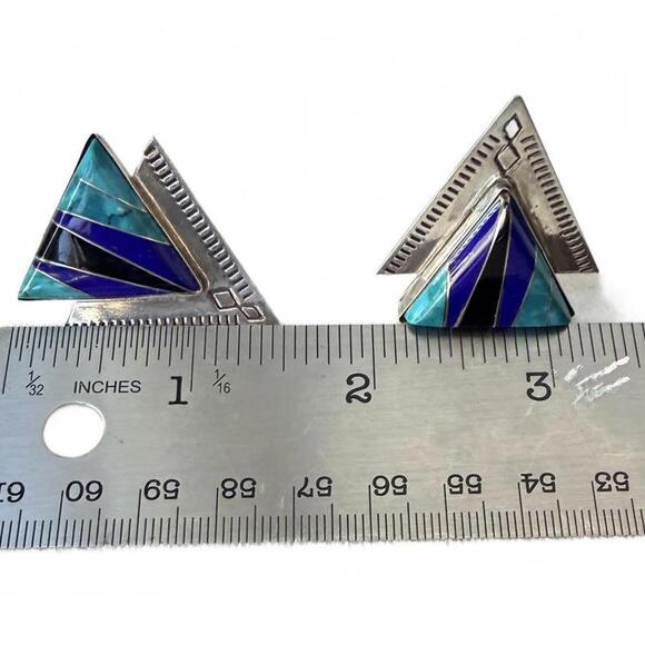 VTG SUNWEST 925 Silver Turquoise Lapis Onyx Inlay Earrings Southwestern - Picture 6 of 7